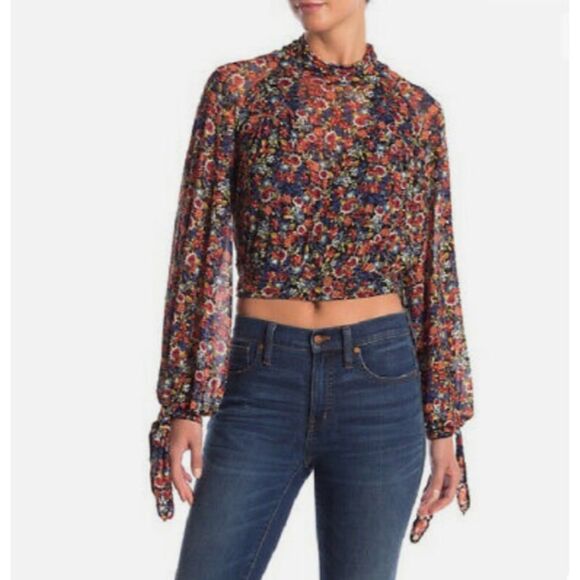 Free People All Doled Up floral long sleeve mesh turtleneck crop top - Picture 1 of 11
